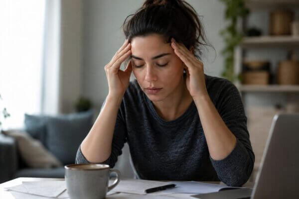 Person feeling mentally drained after overthinking while sitting at a desk