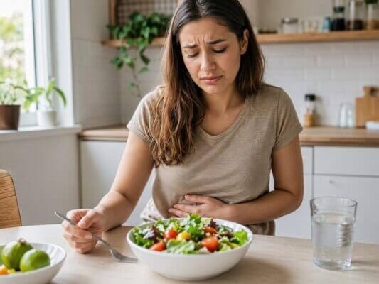 Woman feeling nauseous after eating a fresh salad at home