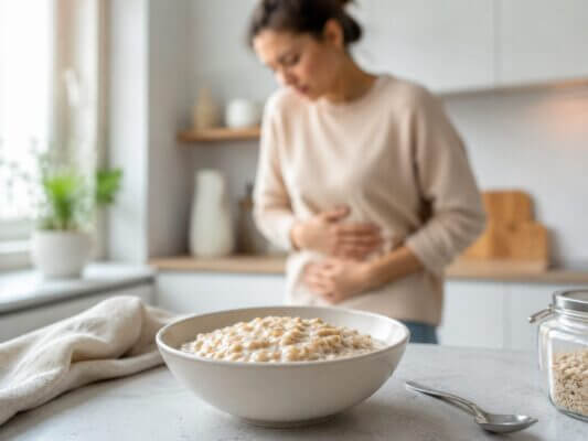 Person feeling mildly nauseous after eating oatmeal at breakfast