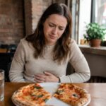 A Western woman sitting at a table with a partially eaten pizza, holding her stomach with a mildly nauseous expression after eating.