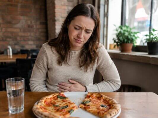 A Western woman sitting at a table with a partially eaten pizza, holding her stomach with a mildly nauseous expression after eating.