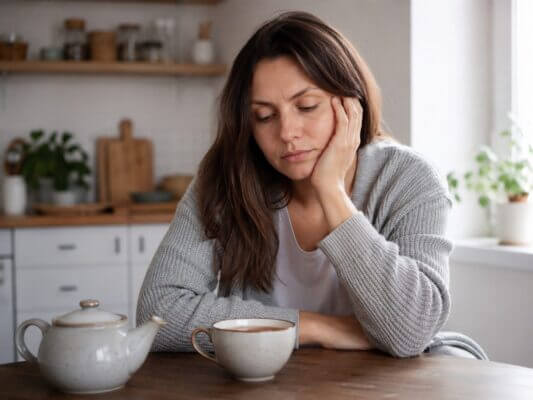 Person feeling unexpectedly tired while drinking tea at home