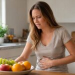 A natural photorealistic image for an article about fruit making your stomach hurt, showing a Western woman in a bright kitchen with a bowl of fresh fruit in front of her, gently holding her stomach with an uncomfortable expression.
