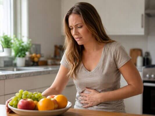 A natural photorealistic image for an article about fruit making your stomach hurt, showing a Western woman in a bright kitchen with a bowl of fresh fruit in front of her, gently holding her stomach with an uncomfortable expression.