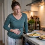 Western woman holding her stomach with discomfort in a kitchen after eating a garlic-heavy meal, garlic pasta and garlic bread on the counter