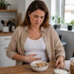 Western woman sitting at a kitchen table with a bowl of granola, gently holding her stomach with a mildly uncomfortable expression, natural photorealistic breakfast scene without text.