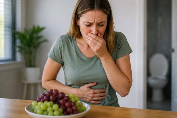 A realistic photo of a Western woman sitting at a wooden table with a bowl of red and green grapes in front of her, holding her stomach with a worried expression near a bathroom doorway.