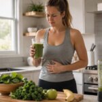 Western woman holding a green smoothie in a bright kitchen with one hand on her stomach, showing mild digestive discomfort after drinking a large green smoothie.