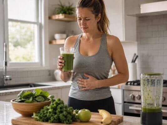 Western woman holding a green smoothie in a bright kitchen with one hand on her stomach, showing mild digestive discomfort after drinking a large green smoothie.