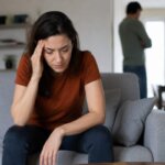 Person experiencing a headache after an argument while sitting quietly at home
