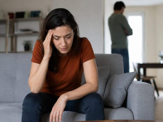 Person experiencing a headache after an argument while sitting quietly at home