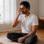 Person experiencing mild forehead pressure after a meditation session at home