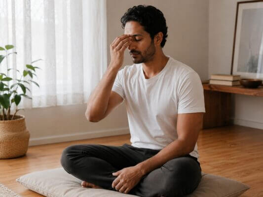 Person experiencing mild forehead pressure after a meditation session at home