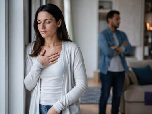 Person taking a calming pause by a window after an argument