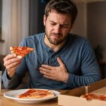 A Western man holding a slice of pizza while pressing his chest with discomfort at a cozy indoor dining table, suggesting heartburn after eating pizza.