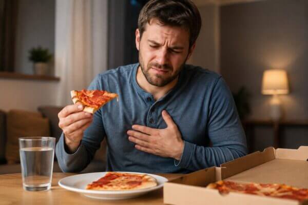 A Western man holding a slice of pizza while pressing his chest with discomfort at a cozy indoor dining table, suggesting heartburn after eating pizza.