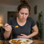 A realistic photo of a Western woman sitting at a dining table with Indian curry, rice, and naan, looking uncomfortable while holding her stomach after eating.