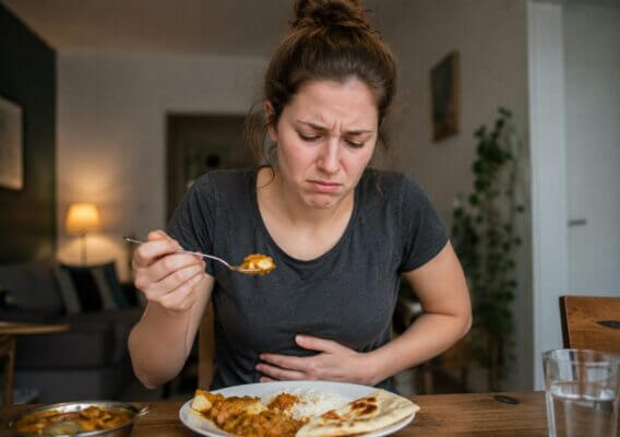 A realistic photo of a Western woman sitting at a dining table with Indian curry, rice, and naan, looking uncomfortable while holding her stomach after eating.
