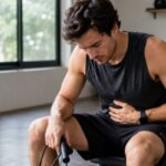 Person feeling nauseous after a jump rope workout in a gym