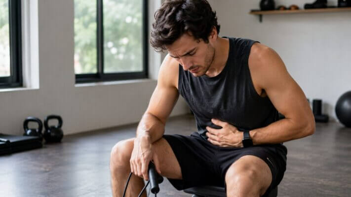 Person feeling nauseous after a jump rope workout in a gym