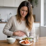 A Western woman sitting at a kitchen table with one hand on her stomach, looking mildly uncomfortable after eating a meal with kimchi, rice, and water nearby.