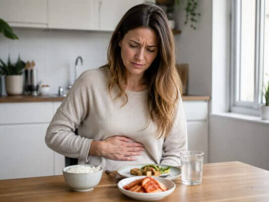 A Western woman sitting at a kitchen table with one hand on her stomach, looking mildly uncomfortable after eating a meal with kimchi, rice, and water nearby.