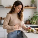 A Western woman standing in a bright home kitchen with one hand on her stomach, looking uncomfortable beside sliced kiwi fruit on the counter, showing possible stomach discomfort after eating kiwi.