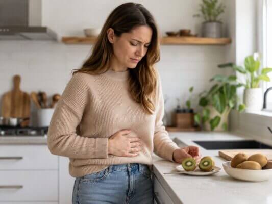 A Western woman standing in a bright home kitchen with one hand on her stomach, looking uncomfortable beside sliced kiwi fruit on the counter, showing possible stomach discomfort after eating kiwi.