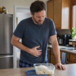 Western man standing in a home kitchen, holding his stomach and looking unwell beside a container of leftover rice on the counter