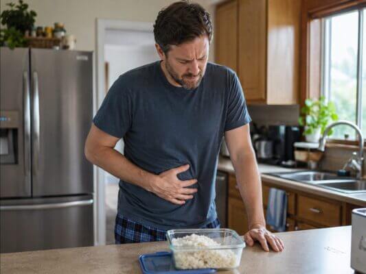 Western man standing in a home kitchen, holding his stomach and looking unwell beside a container of leftover rice on the counter