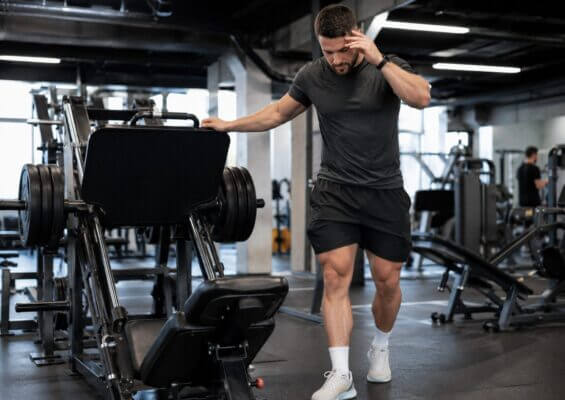 Athlete sitting on a leg press machine after a heavy set feeling lightheaded