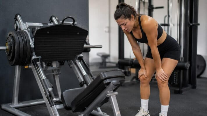 Person recovering after a heavy leg press set at the gym