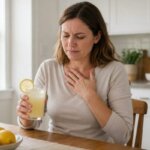 Western woman holding a glass of lemonade in a bright kitchen while touching her upper chest with a mildly uncomfortable expression after drinking it.