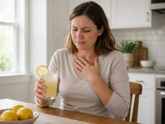 Western woman holding a glass of lemonade in a bright kitchen while touching her upper chest with a mildly uncomfortable expression after drinking it.