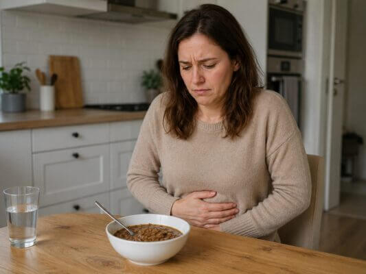 Western woman sitting at a kitchen table holding her stomach with discomfort after eating a bowl of lentils