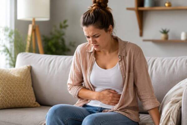 Western woman sitting on a sofa with one hand on her stomach, showing mild digestive discomfort after eating fruit in a natural indoor setting.