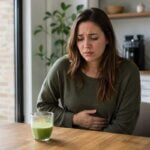 A Western woman sits at a kitchen table with a glass of matcha in front of her, holding her stomach with a mildly nauseous expression in a natural indoor setting.