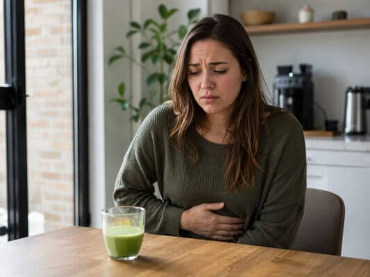 A Western woman sits at a kitchen table with a glass of matcha in front of her, holding her stomach with a mildly nauseous expression in a natural indoor setting.