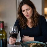 A Western woman sitting at a dining table with a glass of red wine, holding her stomach with an uncomfortable expression after drinking red wine.