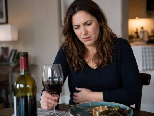A Western woman sitting at a dining table with a glass of red wine, holding her stomach with an uncomfortable expression after drinking red wine.