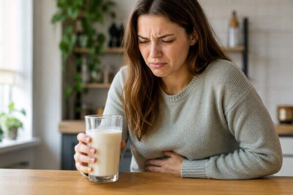 Western woman holding a glass of oat milk at a kitchen table while clutching her stomach with mild digestive discomfort in a natural realistic indoor scene.