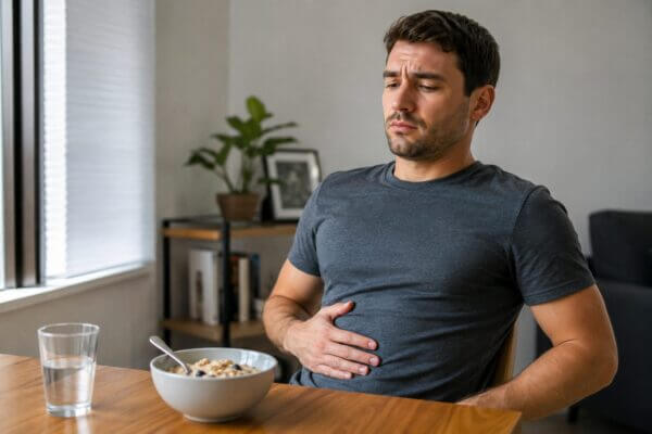 Person feeling bloated after eating oatmeal at breakfast
