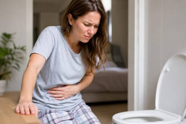A Western woman clutching her stomach near a bathroom toilet, showing digestive discomfort after a possible olive oil-related stomach reaction in a natural realistic indoor scene.