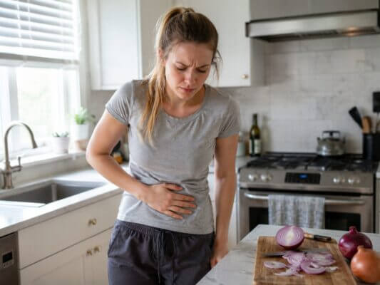 Western woman holding her stomach in a bright kitchen beside a cutting board with sliced raw onions