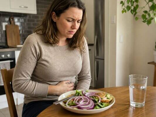 Western woman holding her stomach at a dining table after eating a salad with visible raw red onion slices, showing mild abdominal discomfort in a home kitchen