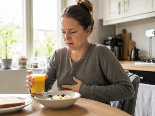 A Western woman sitting at a kitchen table during breakfast, looking mildly nauseous while holding a glass of orange juice, with one hand resting on her upper stomach in a natural photorealistic scene.