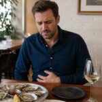 A Western man sitting at a restaurant table with a plate of oysters in front of him, holding his stomach with an uncomfortable expression after eating seafood.