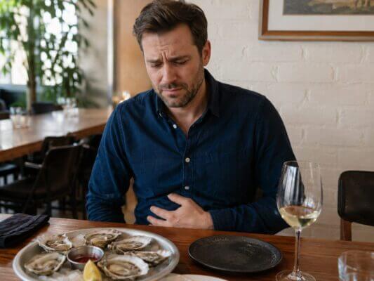 A Western man sitting at a restaurant table with a plate of oysters in front of him, holding his stomach with an uncomfortable expression after eating seafood.