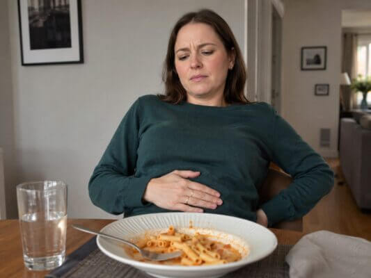 Western woman sitting at a dining table after eating pasta, holding her lower abdomen and looking uncomfortably bloated
