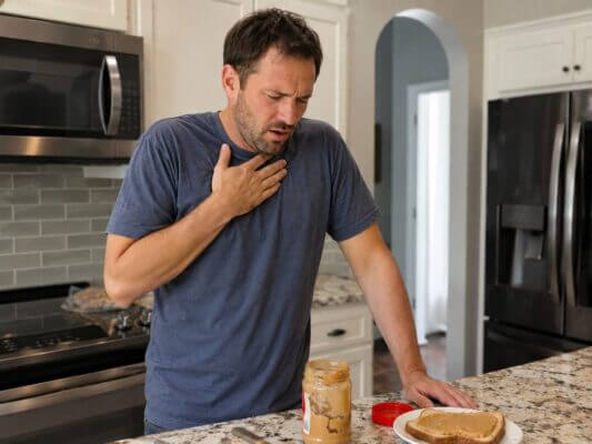 Western man experiencing reflux-like discomfort after eating peanut butter in a home kitchen